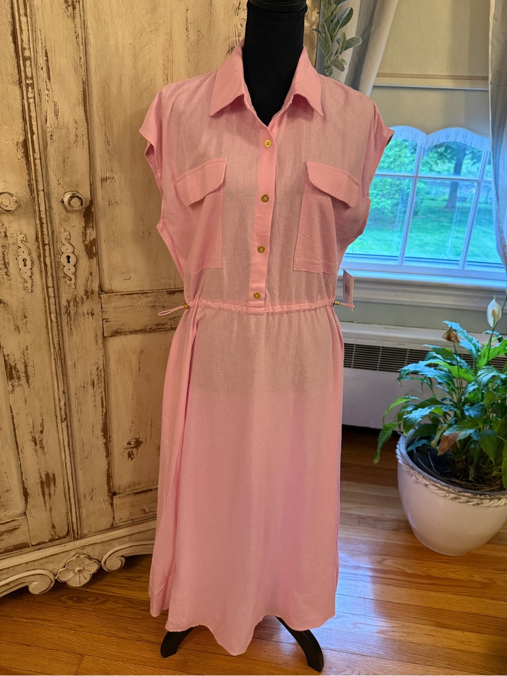 Ellen Tracy Drawcord waist shirt dress in Flamingo pink. Maxi. Large. NWT